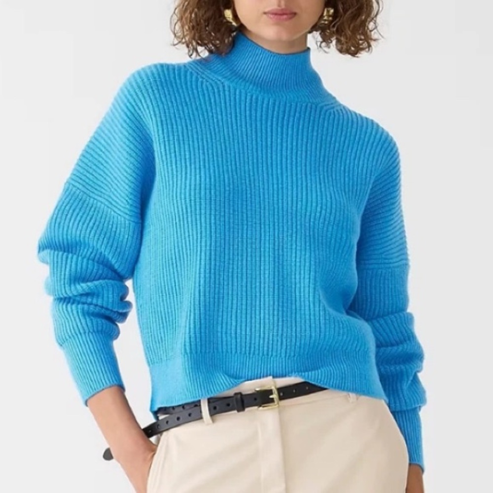 J. Crew Ribbed Turtleneck Cropped Sweater in Barcelona Blue